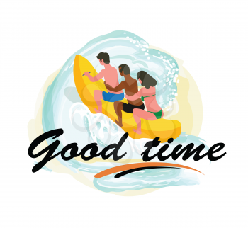 People sitting on rubber inflatable banana, summer activity on waves, back view of holding each other man and woman in swimwear, good time postcard vector. Good summer time
