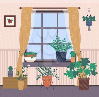 Place with houseplants vector, plants growing in pots, leaves and foliage of different type of floral. Curtains on window, picture in frame hanging on wall