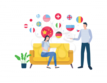 People working on laptops vector, man and woman business partners flat style. Flags of countries, China and USA, Italy and Sweden Uk and Russia set