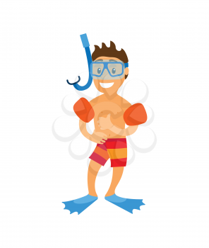 Boy wearing underwater mask, flippers and inflatable circles, smiling character in shorts, portrait view of teenager in swimming equipments vector