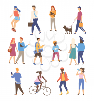 Man and woman walking outdoor set, portrait view of people character going or driving by bicycle and skateboard, walk in park friends together, sporty human vector
