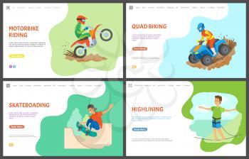 Skateboarding young boy vector, motorbike and quad biking activity of people wearing special protective costumes and helmets. Highlining man, website or webpage template, landing page flat style