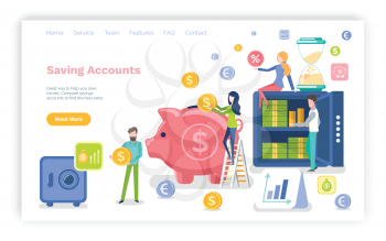 Saving accounts vector, pig and money, investment and profit gaining benefits. Infographics and strongbox with financial assets people set. Website or webpage template, landing page flat style