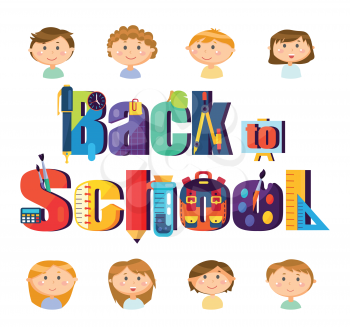 Stationery and pupils children, back to school vector. Education and knowledge, boys and girls, pen and pencil, timer and easel, calculator and flask