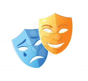 Theatre mask crying and smiling, emotion icons on white, character objects sad and happy, masquerade decorations laugh and disorder, pantomime vector