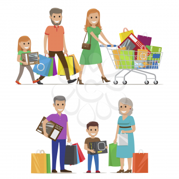 Family out on shopping two sets includes parents and daughter with cart and grandparents and grandson with bags and boxes on white background. Cartoon family on shopping vector illustration.