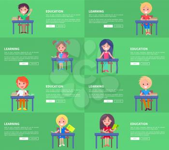 Education and Learning set of images blocks depicting pupils at desks and studying with books and copybooks. Vector posters with places for text.
