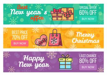 Three sale banners best prices vector illustrations with cute gift boxes and pink heart with pretty bow isolated on green yellow and lilac backgrounds