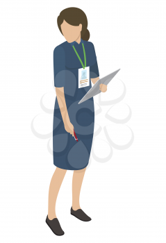 Female in blue midi dress holds gray tablet in one hand, other arm keeps red pen, looking sideways. Vector illustration on white background.