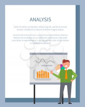 Analysis poster with businessman standing at interactive board. Vector illustration of smiling man in green sweater pointing at various charts on white