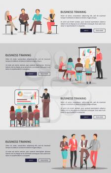 Business training vector web posters set with coworkers sitting on chairs, people at conference discussing issues near blackboard or standing nearby