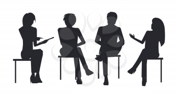 People black silhouettes at business training sit on chairs, discuss issues and raise qualification isolated cartoon flat vector illustration on white