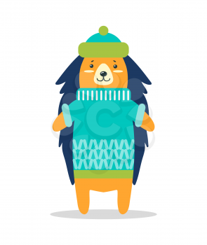 Cute hedgehog in warm hat and knitted winter sweater with pattern isolated vector illustration on white background. Christmas animal in clothes.