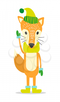 Red fox in warm hat, cozy scarf, wool mittens and comfortable winter boots isolated vector illustration. Christmas animal with big fluffy tail.