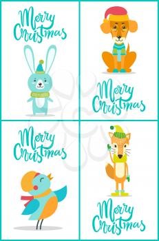 Merry Christmas, animals collection with headlines, rabbit standing still, sitting dog, calm and happy bird and funny fox, on vector illustration