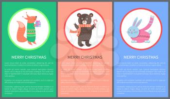 Merry Christmas colorful congratulation postcard with beautiful hare, fox with present and bear with candy. Vector illustration with happy animals
