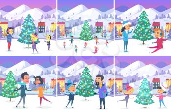 Colourful poster of Christmas pictures with people of different ages near decorated xmas tree on urban icerink. Vector illustration of spending winter holidays outside in town with mountains