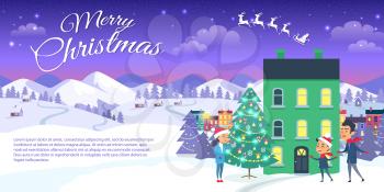 Vector illustration of green three storey house with lights and people waiting for miracle. Merry Christmas on city and blue sky background. Happy family is outside near decorated Christmas tree.