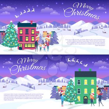 Postcard with Merry Christmas text. Vector illustration of smiling family father mother and son on white snowy field in red hats. Mountain forest and houses on the background, city entertainment