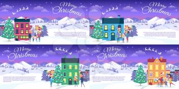 Merry Christmas set of postcards with happy families near houses. Vector illustration of decorated Christmas trees, gray fir trees, mountain landscape with cottages and block of flats with lights
