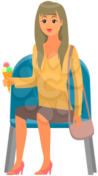 Lady sitting on chair and watching show isolated on white background. Female character in viewer seat looking at something and eating ice cream. Woman in audience, spectator sitting on viewer place
