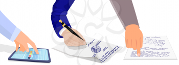 Hand shows finger to text on sheet for business meeting in office. Hand in blue suit holds pen, writes and draws pie chart. Arm works and analyzes information from tablet screen on white background