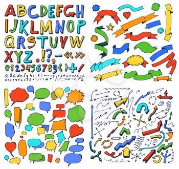 Colorful hand drawn elements of banners and fonts, bubbles and arrows of different shape and color, ribbons and symbols, vector illustration