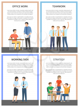 Office work and strategy, teamwork and working task, set of banners, text sample and letterings, people wearing suits, isolated on vector illustration