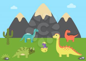 Prehistoric animals and wild nature, cactus and mountains, grass and egg with little dinosaur, life of dinosaurs, isolated on vector illustration