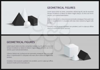 Geometrical figures set banner, text sample and lettering, blunted cone and cube, square pyramid, geometrical figures, isolated on vector illustration