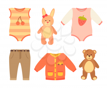 Baby clothes and set of toys, jumpers with prints of berries, teddy bear and rabbit, pants and baby clothes, vector illustration isolated on white