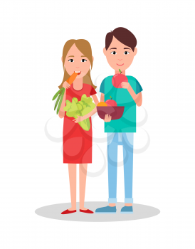 Man and woman eating, poster with couple, male with apples and female with carrot and broccoli, vector illustration, isolated on white background