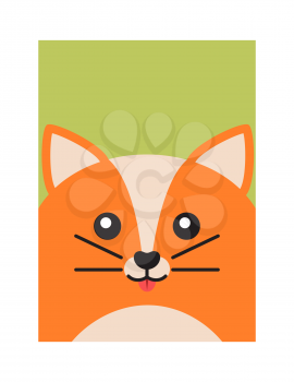 Happy fox, colorful banner, vector illustration, orange animal, four black whiskers, round glossy eyes, white spots on head and belly, animal portrait