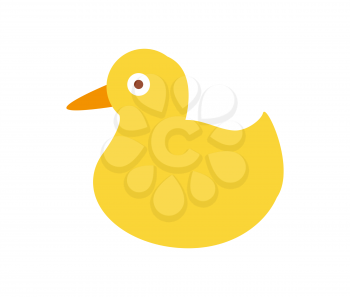 Duck made of plastic, toy of yellow color with eyes and beak, object for kids to bathe with it, vector illustration, isolated on white background