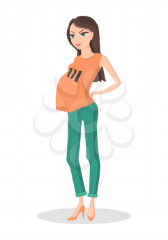 Pretty lady in color casual clothes for pregnancy orange shoes and shirt with printed numbers, green trousers, vector illustration with white backdrop