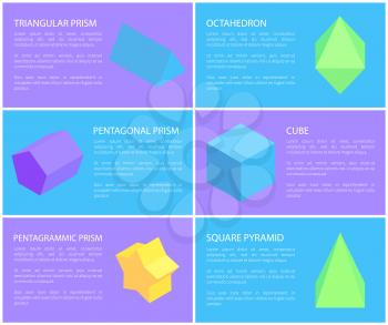 Pentagrammic pentagonal and triangular prisms set, octahedron and cube, square pyramid and cube, vector illustration, geometric figures collection
