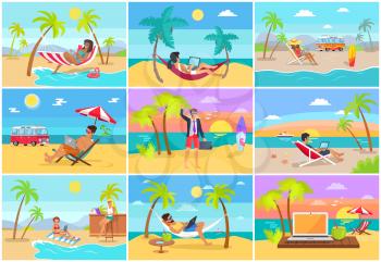 Freelancers work on laptops at tropical resorts. Freelance workers on sandy beach near sea do their job and relax in summer vector illustrations set.