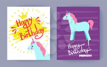 Happy birthday princess, cute celebration banner, vector illustrations with lilac and white backdrops, blue unicorn with striped horn, golden crown