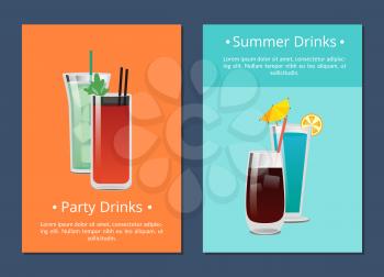 Summer party alcohol drinks poster with bloody mary cocktail, whiskey or vodka cola, blue lagoon and mojito beverage in transparent glasses vector set