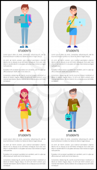Students boys and girls in cartoon style posters design with place for text, woman and man with book and refreshing drink, college students vector set