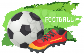 Sport football vector banner, soccer symbols set. Uniform, ball and stadium, championship. Team competition, sport in which goal is to kick ball into opponents gate on playing field, grass stadium