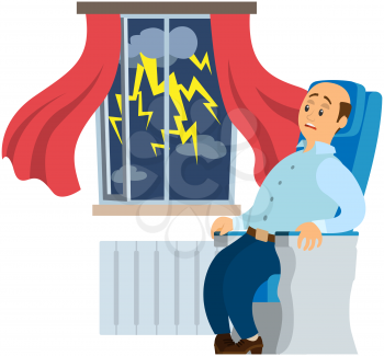 Terrified man is afraid of thunder and lightning. Human frightened by thunderstorm. Person suffering from astraphobia. Male character looks scared at rainy weather, thunderstorm outside window