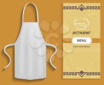 White apron next to piece of paper with menu. Clothes for work in kitchen, protective element of clothing for cooking. Apron for cooking in kitchen and protection of clothes near restaurant menu