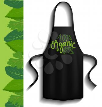 Black apron with organic food logo. Clothes for work in kitchen, protective element of clothing. Apron for cooking in kitchen and protection of clothes. Cooking organic food with natural ingredients