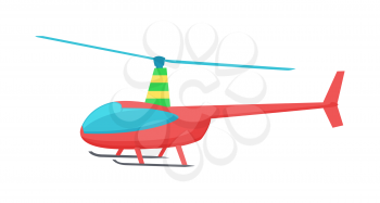 Goodly toy of color helicopter vector illustration of bright red chopper with two grey skis and blue paddle and glass isolated on white background