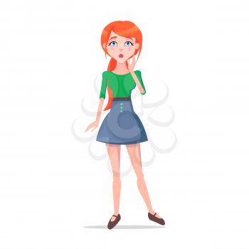 Worried young woman illustration. Beautiful redhead girl in blouse and skirt standing with surprised face expression flat vector isolated on white background. Confused female cartoon character