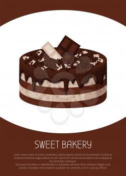 Delicious sweet cake with white and dark chocolate layers with small bars on top. Tasty sweet bakery confectionery product isolated cartoon vector illustration.