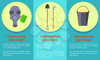 Tools for firefighting on yellow circles colorful vector poster with informative text on azure background. Special mask, grey bucket and other