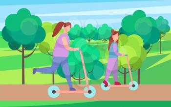 Adult mother and her adolescent daughter riding push scooters in lovely countryside vector illustration. Females engaging in recreational activity