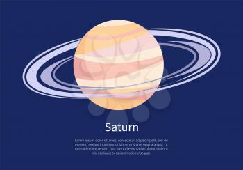 Saturn with huge ring around made of ice and dust on informative Poster with sample text isolated cartoon vector illustration on white background.